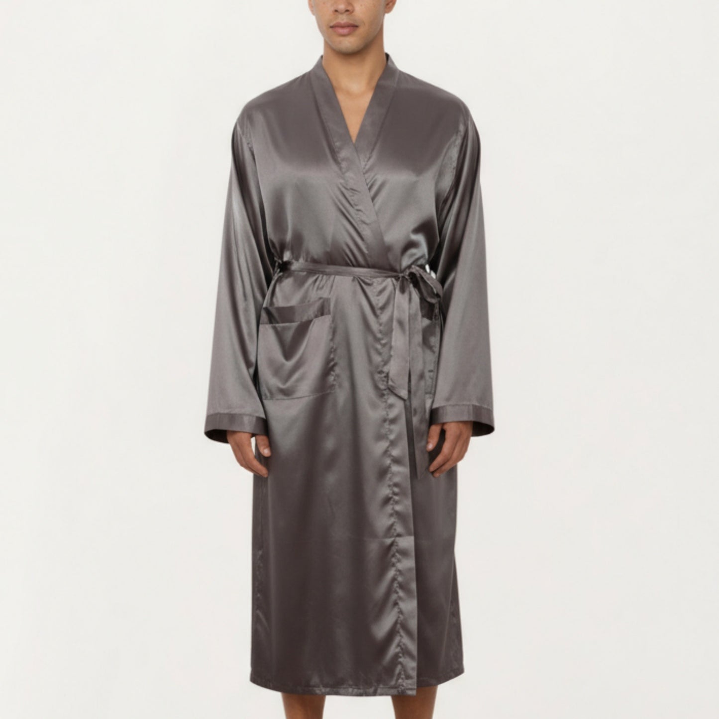 Anna-Kaci Men's Satin Robe with Waist Tie Belt and Front Pockets