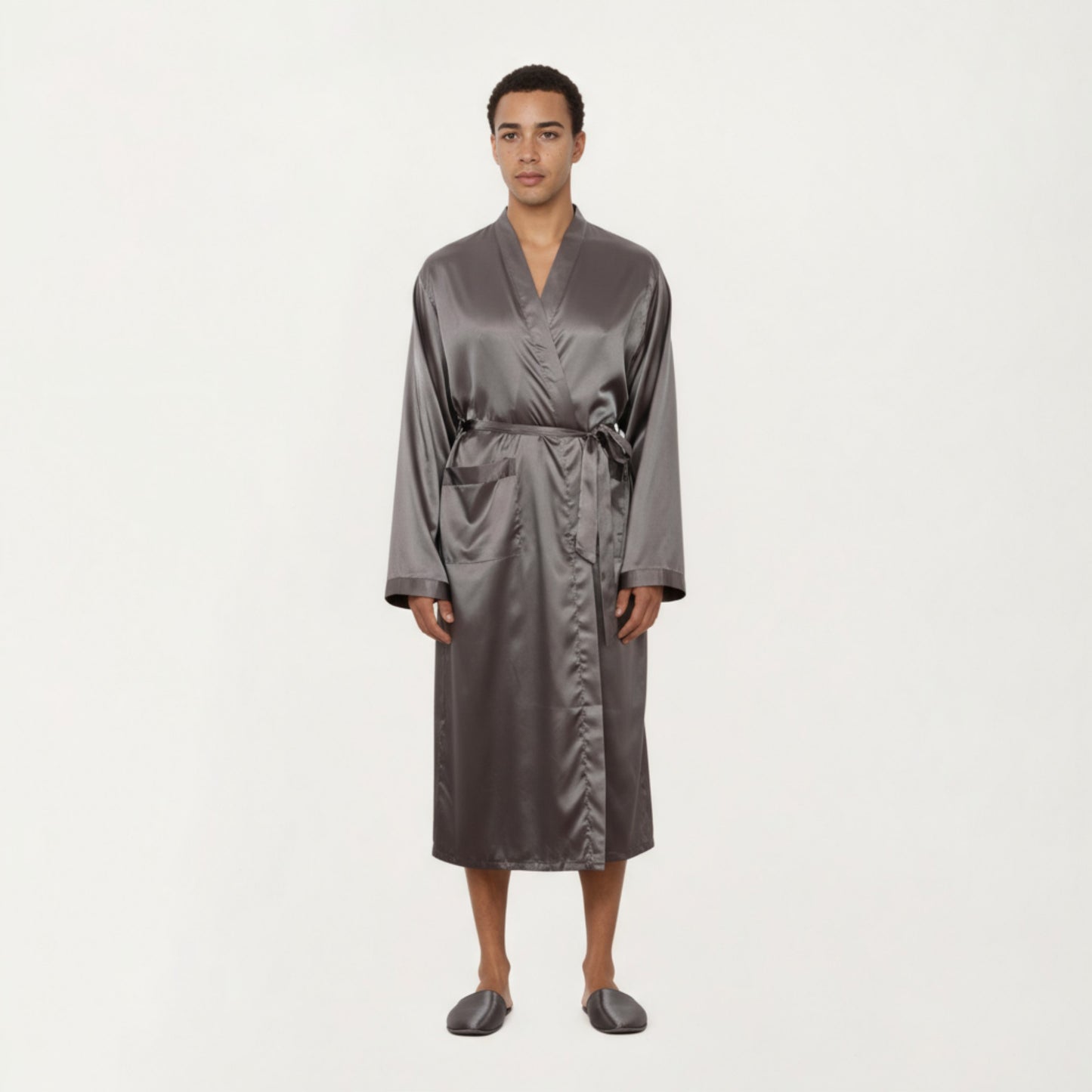 Anna-Kaci Men's Satin Robe with Waist Tie Belt and Front Pockets