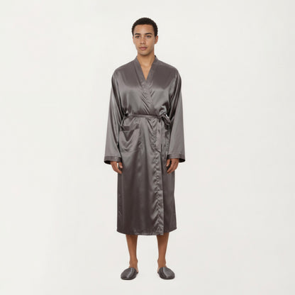 Anna-Kaci Men's Satin Robe with Waist Tie Belt and Front Pockets