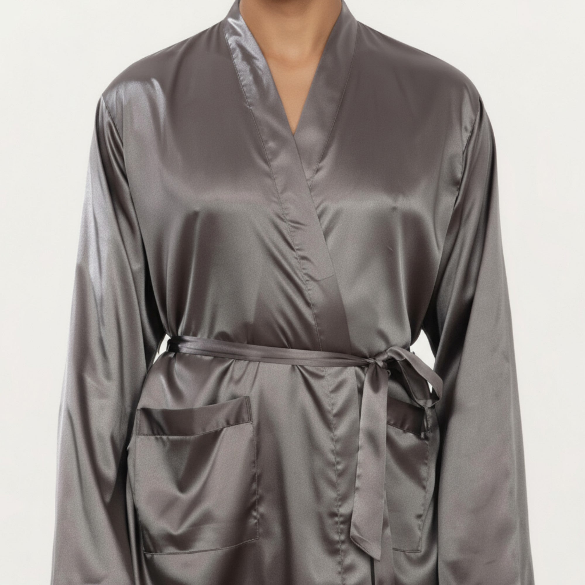 Anna-Kaci Men's Satin Robe with Waist Tie Belt and Front Pockets