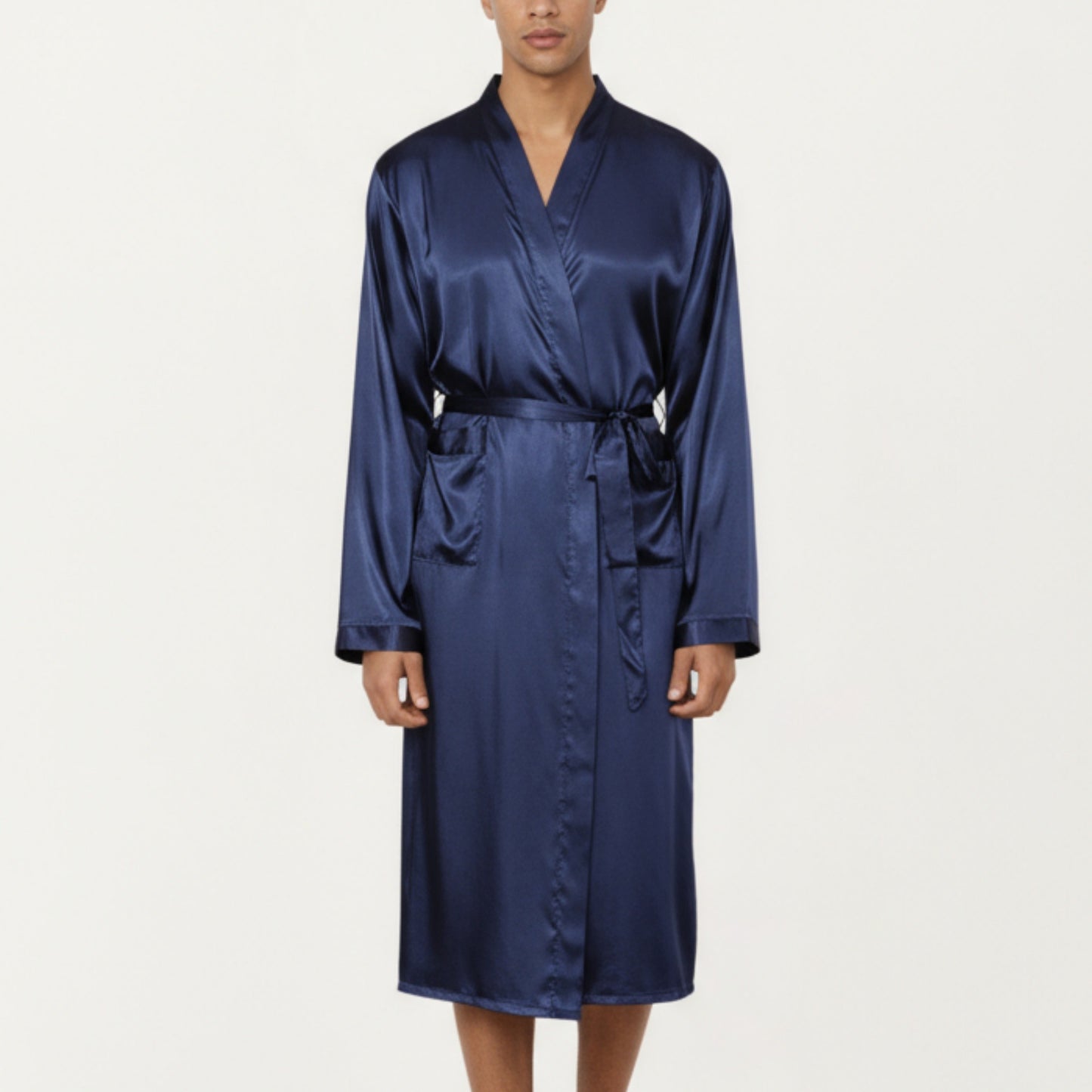Anna-Kaci Men's Satin Robe with Waist Tie Belt and Front Pockets