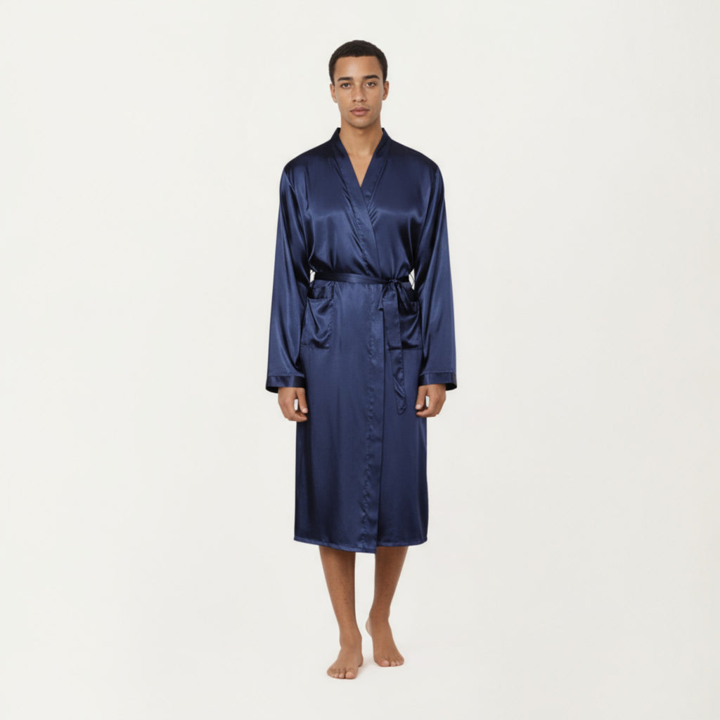Anna-Kaci Men's Satin Robe with Waist Tie Belt and Front Pockets