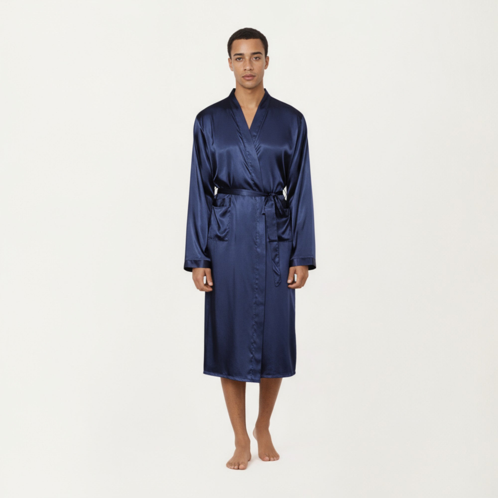 Anna-Kaci Men's Satin Robe with Waist Tie Belt and Front Pockets