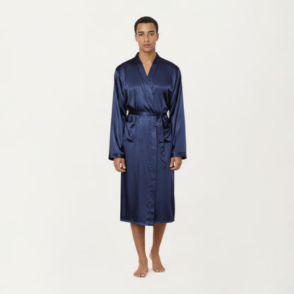 Anna-Kaci Men's Satin Robe with Waist Tie Belt and Front Pockets