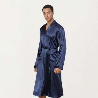 Anna-Kaci Men's Satin Robe with Waist Tie Belt and Front Pockets