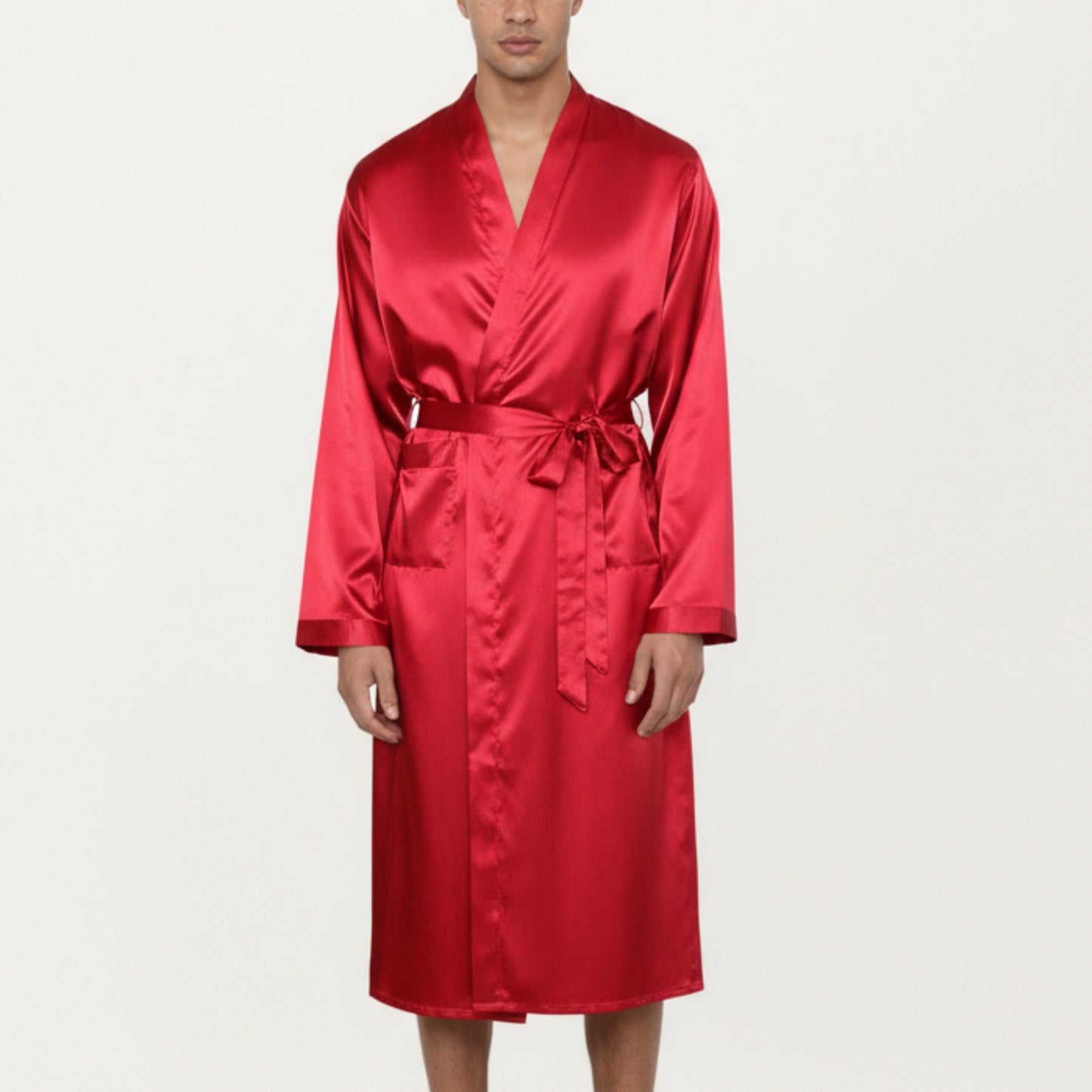 Anna-Kaci Men's Satin Robe with Waist Tie Belt and Front Pockets