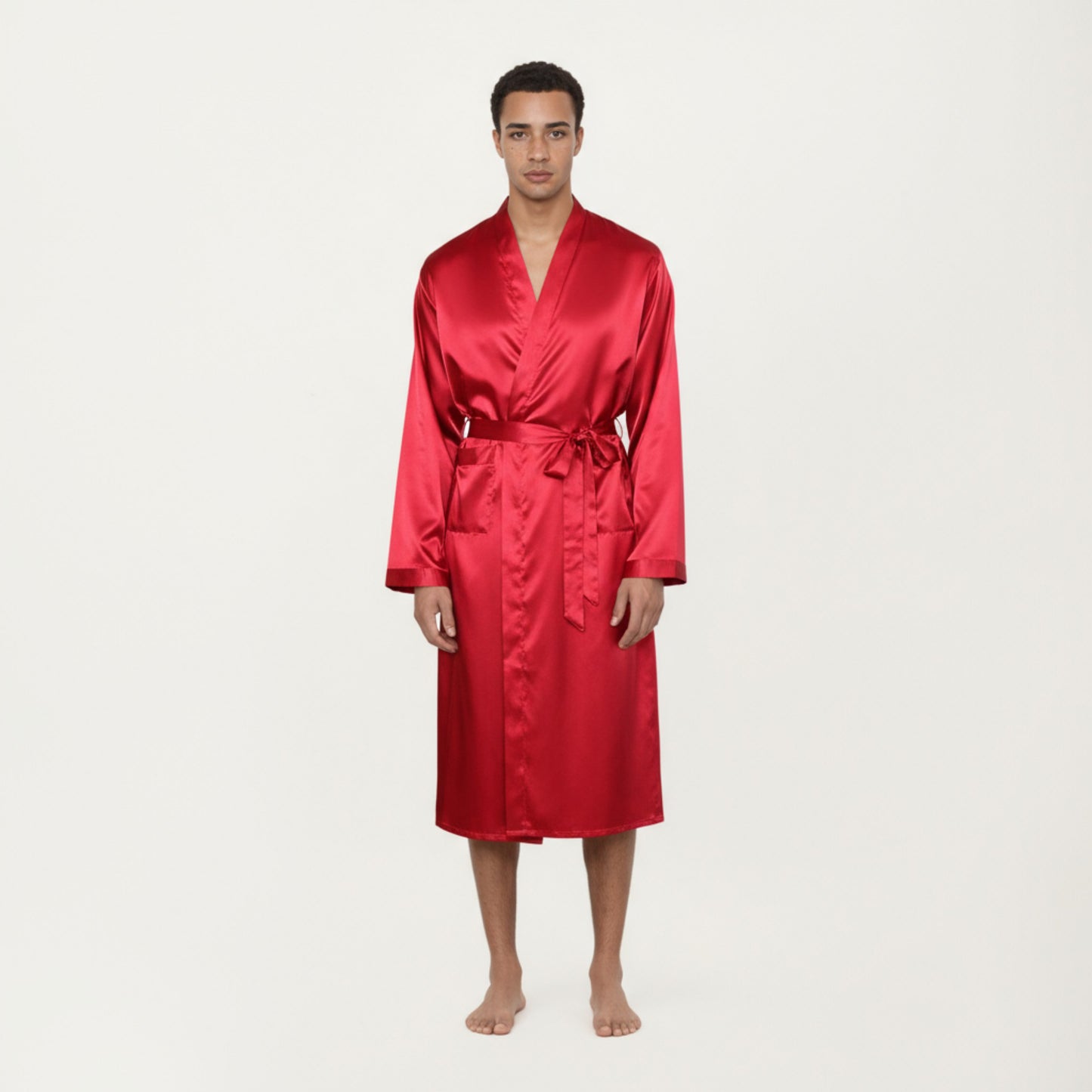 Anna-Kaci Men's Satin Robe with Waist Tie Belt and Front Pockets