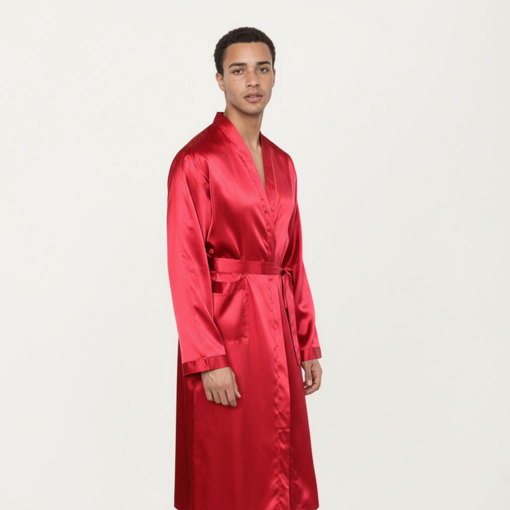 Anna-Kaci Men's Satin Robe with Waist Tie Belt and Front Pockets