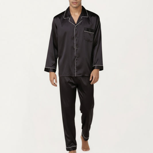 Anna-Kaci Men's 2-Piece Set Satin Pajamas with Contrast Piping and Button-Up Top