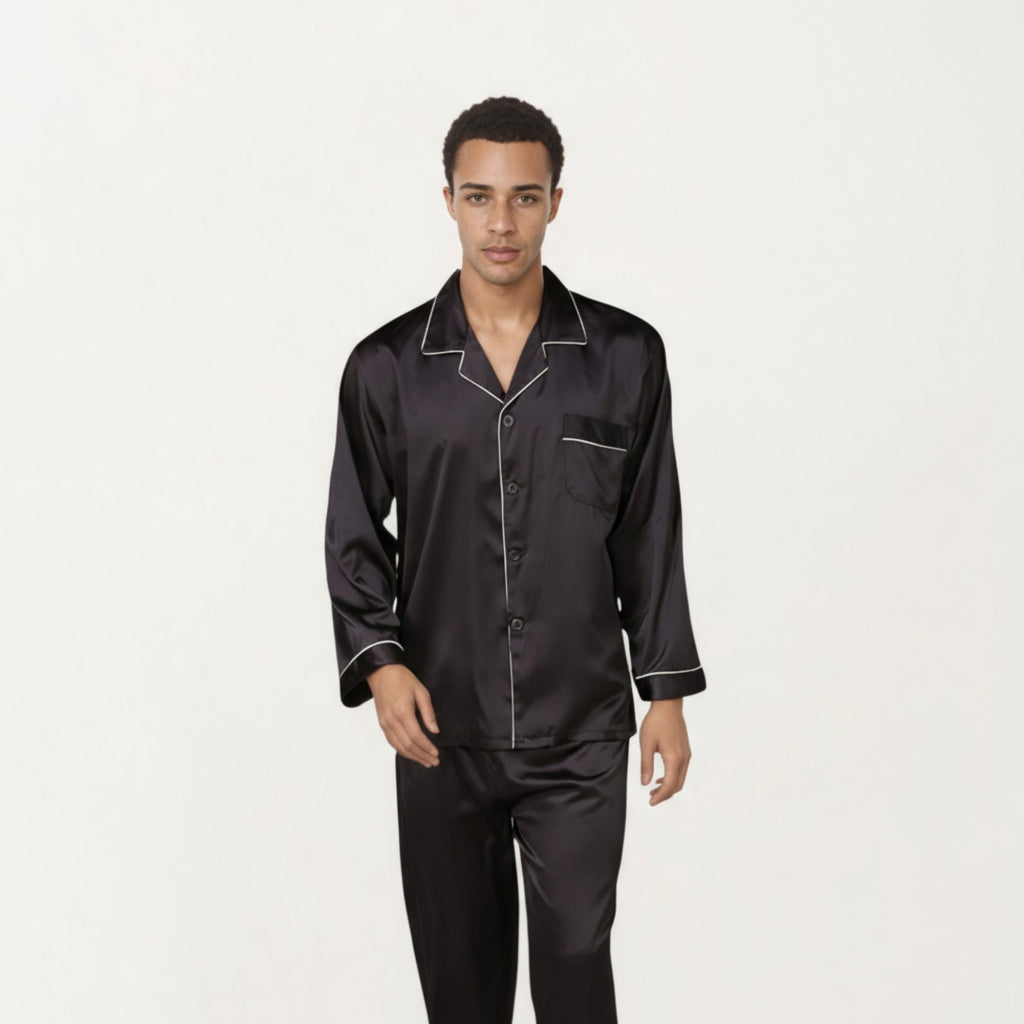 Anna-Kaci Men's 2-Piece Set Satin Pajamas with Contrast Piping and Button-Up Top