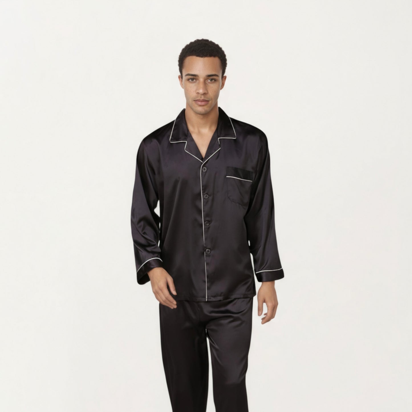 Anna-Kaci Men's 2-Piece Set Satin Pajamas with Contrast Piping and Button-Up Top