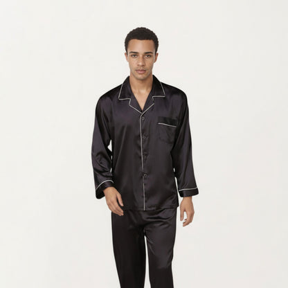 Anna-Kaci Men's 2-Piece Set Satin Pajamas with Contrast Piping and Button-Up Top