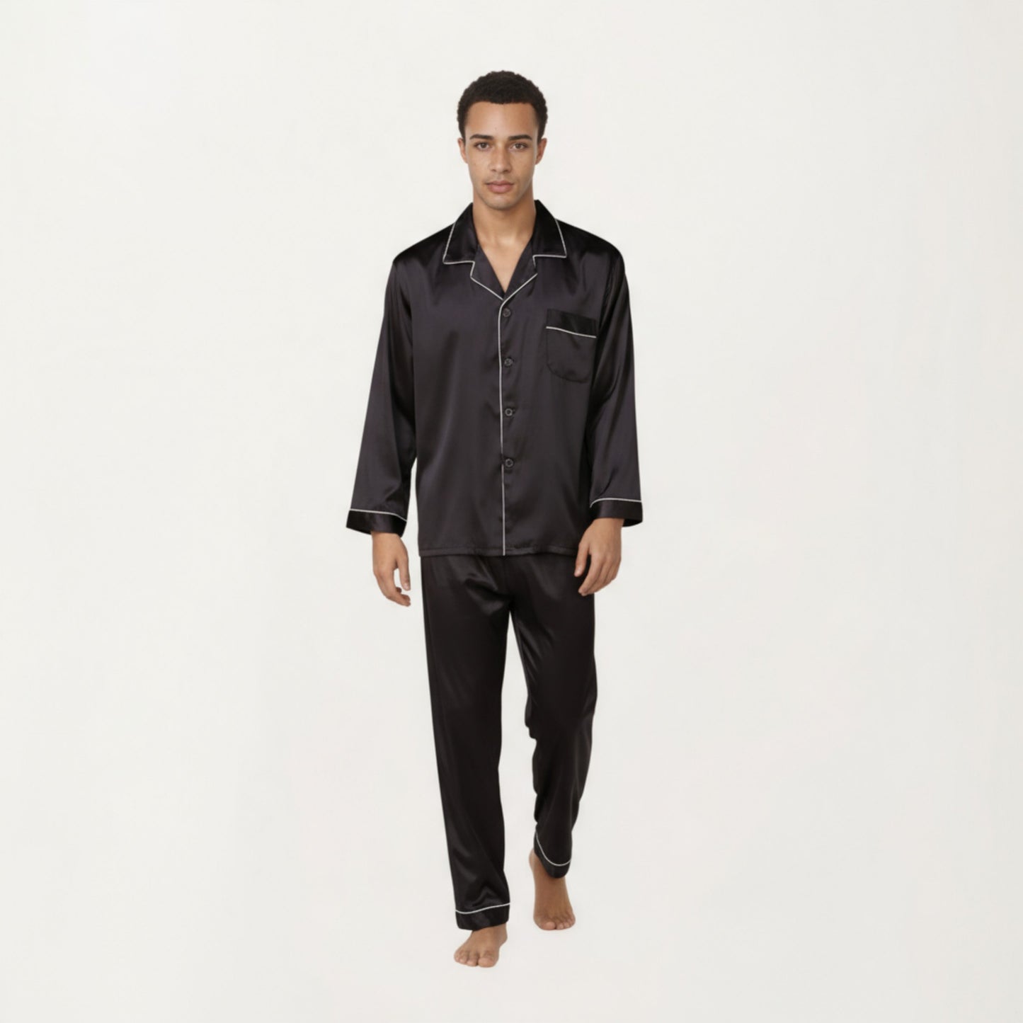 Anna-Kaci Men's 2-Piece Set Satin Pajamas with Contrast Piping and Button-Up Top