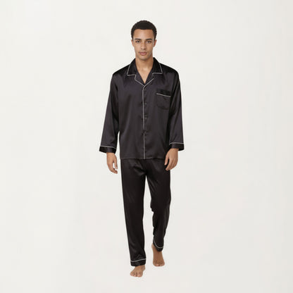 Anna-Kaci Men's 2-Piece Set Satin Pajamas with Contrast Piping and Button-Up Top
