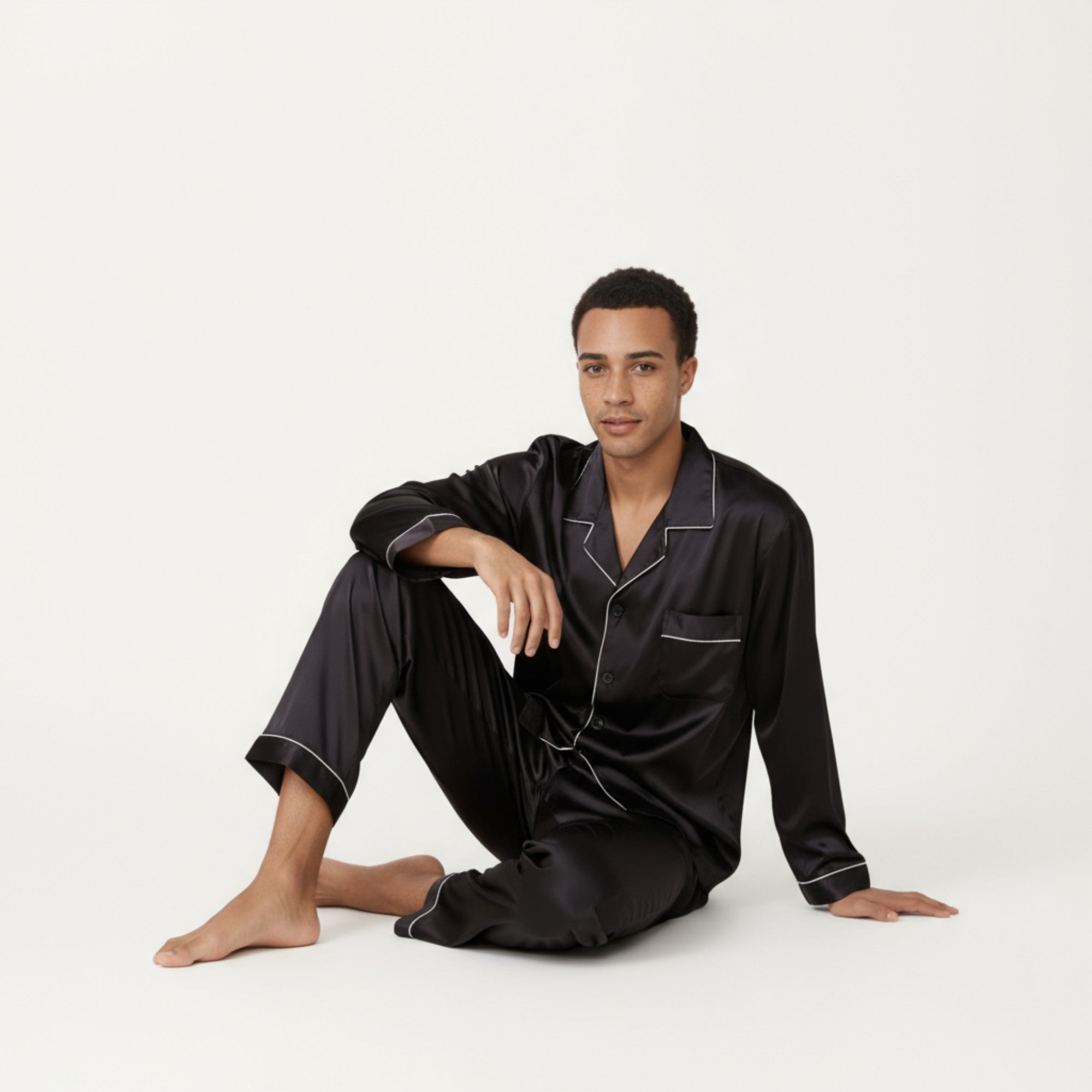 Anna-Kaci Men's 2-Piece Set Satin Pajamas with Contrast Piping and Button-Up Top