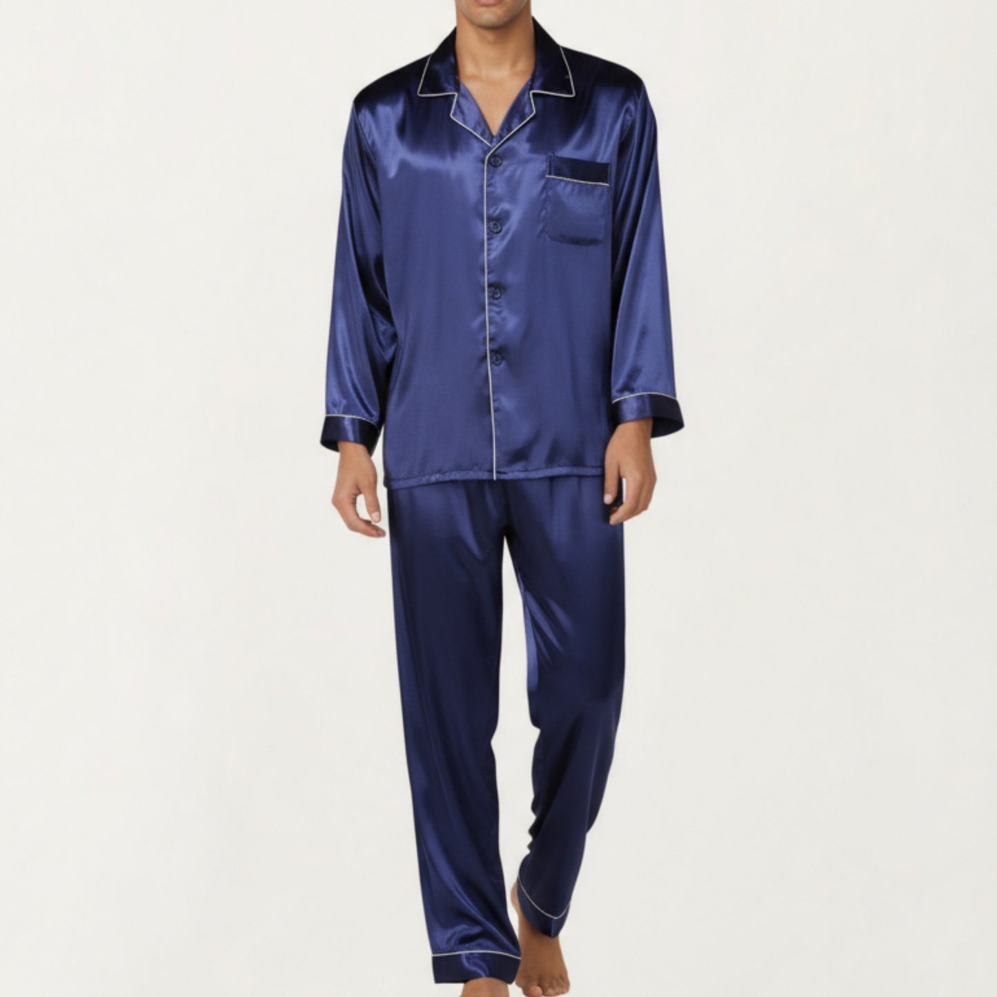 Anna-Kaci Men's 2-Piece Set Satin Pajamas with Contrast Piping and Button-Up Top