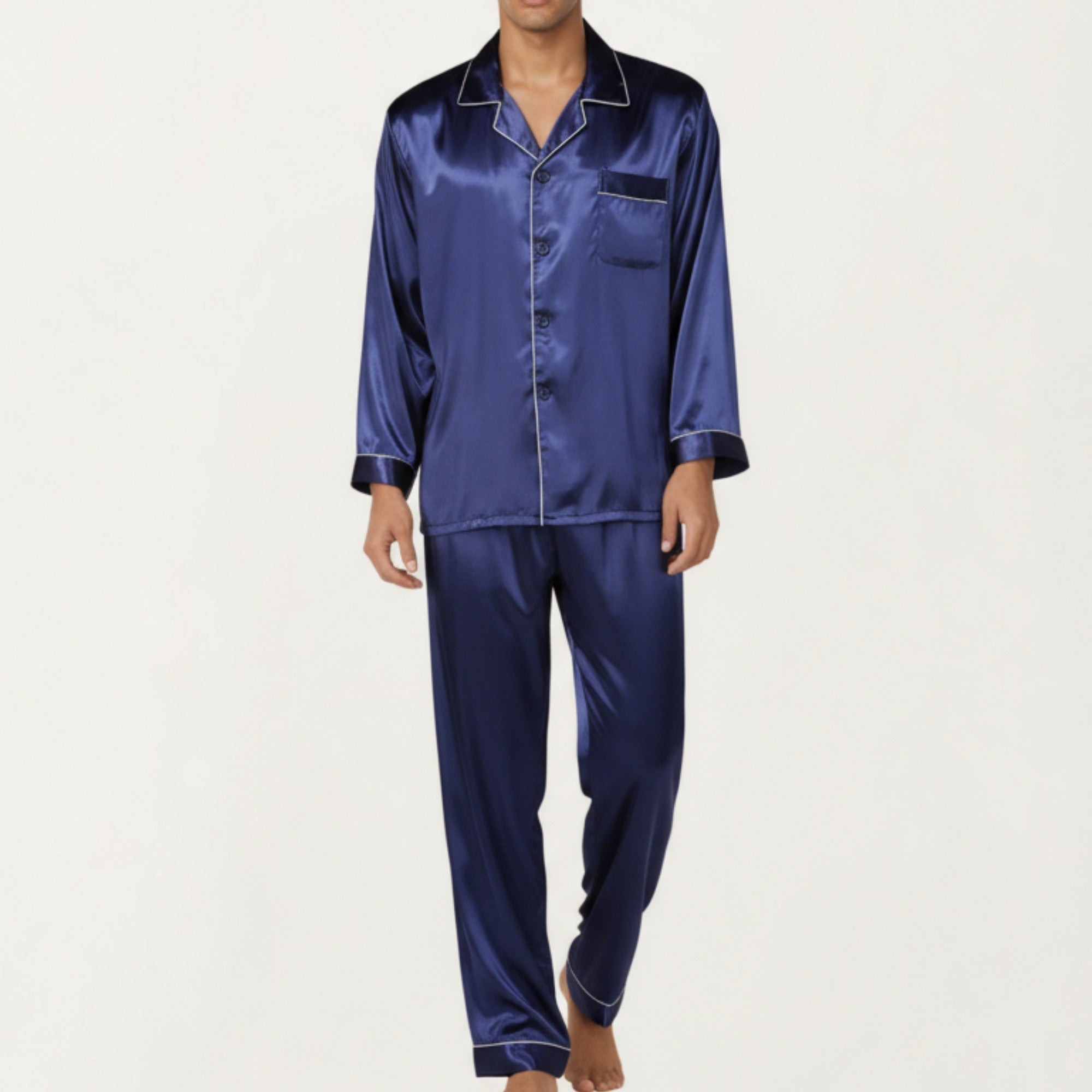 Anna-Kaci Men's 2-Piece Set Satin Pajamas with Contrast Piping and Button-Up Top