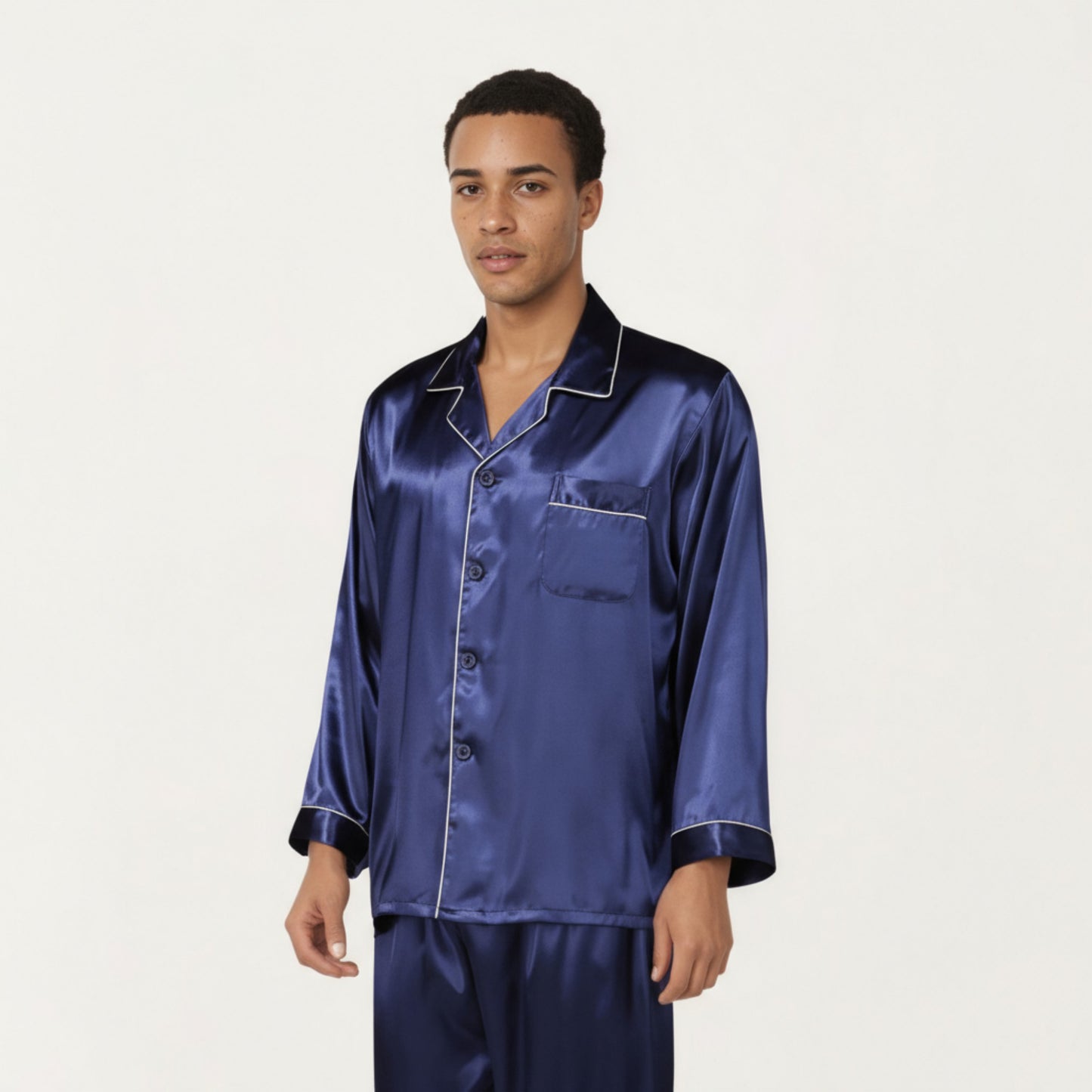 Anna-Kaci Men's 2-Piece Set Satin Pajamas with Contrast Piping and Button-Up Top