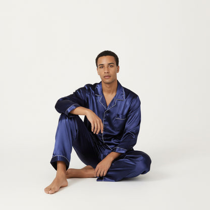 Anna-Kaci Men's 2-Piece Set Satin Pajamas with Contrast Piping and Button-Up Top