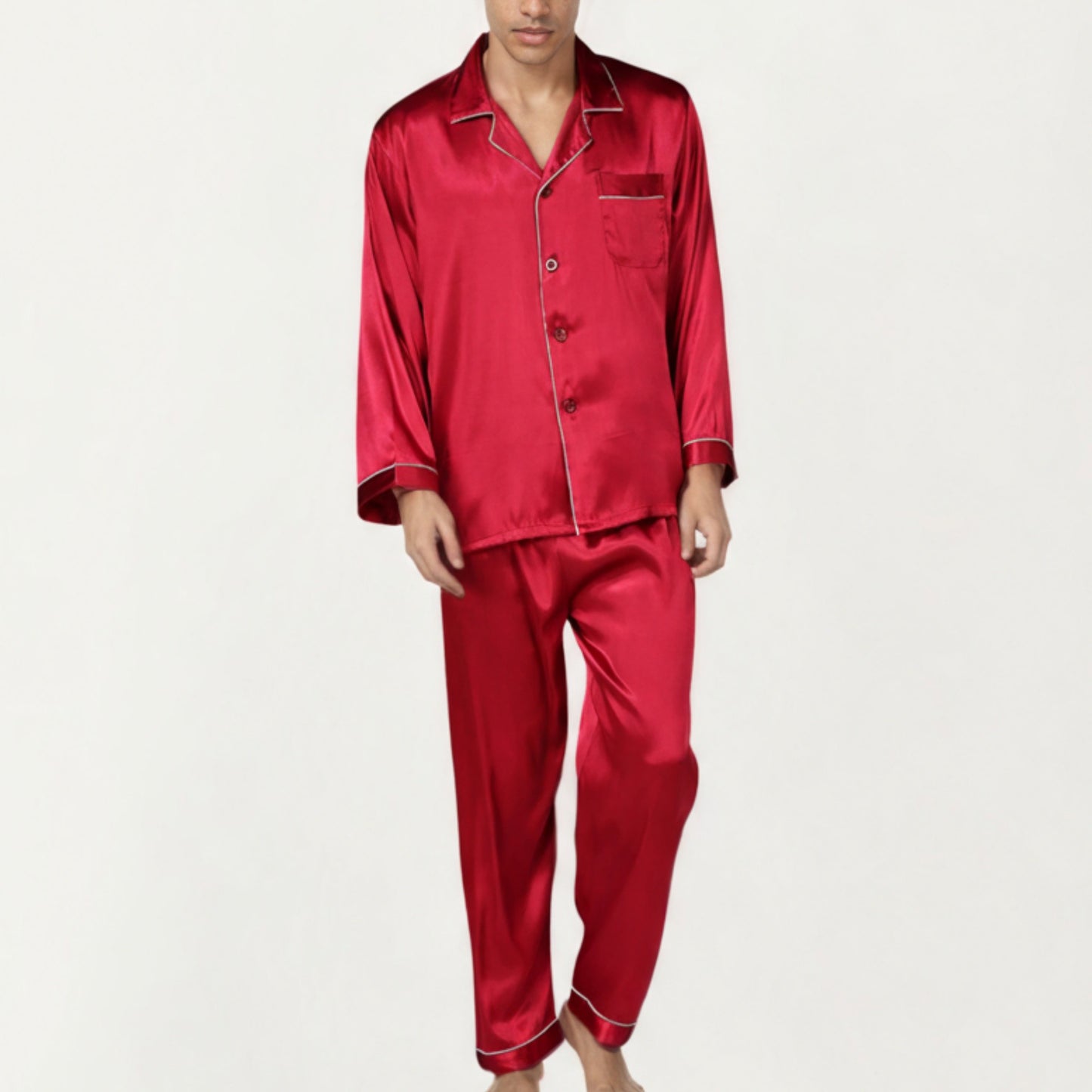 Anna-Kaci Men's 2-Piece Set Satin Pajamas with Contrast Piping and Button-Up Top