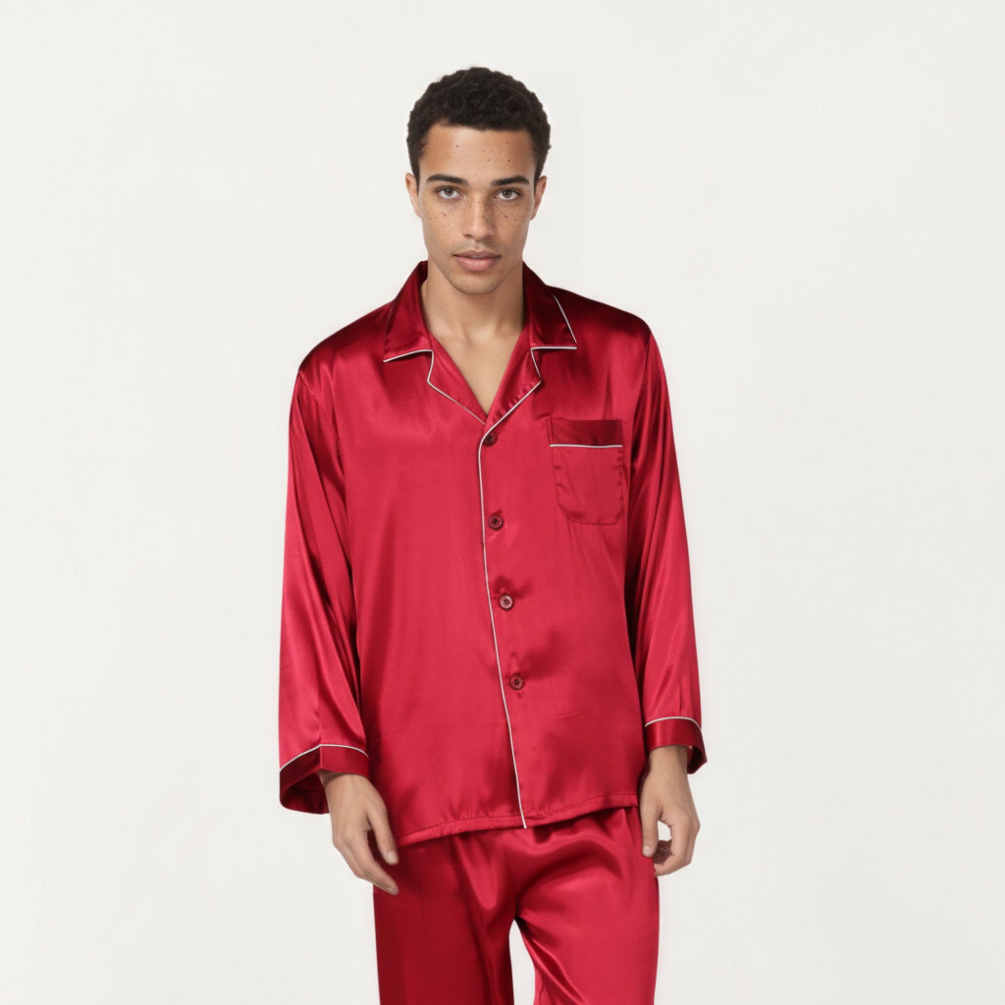 Anna-Kaci Men's 2-Piece Set Satin Pajamas with Contrast Piping and Button-Up Top