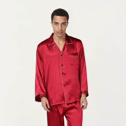 Anna-Kaci Men's 2-Piece Set Satin Pajamas with Contrast Piping and Button-Up Top