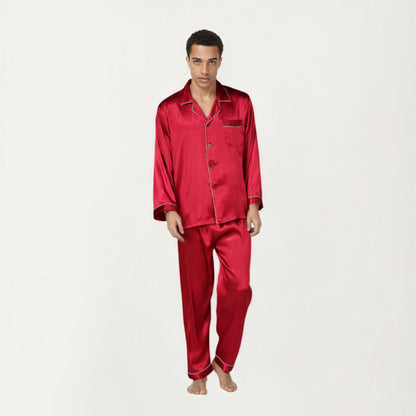 Anna-Kaci Men's 2-Piece Set Satin Pajamas with Contrast Piping and Button-Up Top