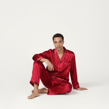 Anna-Kaci Men's 2-Piece Set Satin Pajamas with Contrast Piping and Button-Up Top