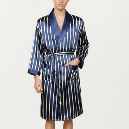 Anna-Kaci Men's Satin Robe with Geometric Print Contrast Shawl Collar and Waist Tie