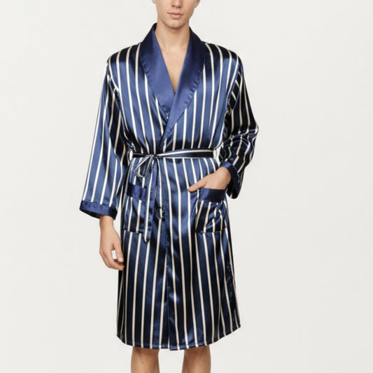 Anna-Kaci Men's Satin Robe with Geometric Print Contrast Shawl Collar and Waist Tie