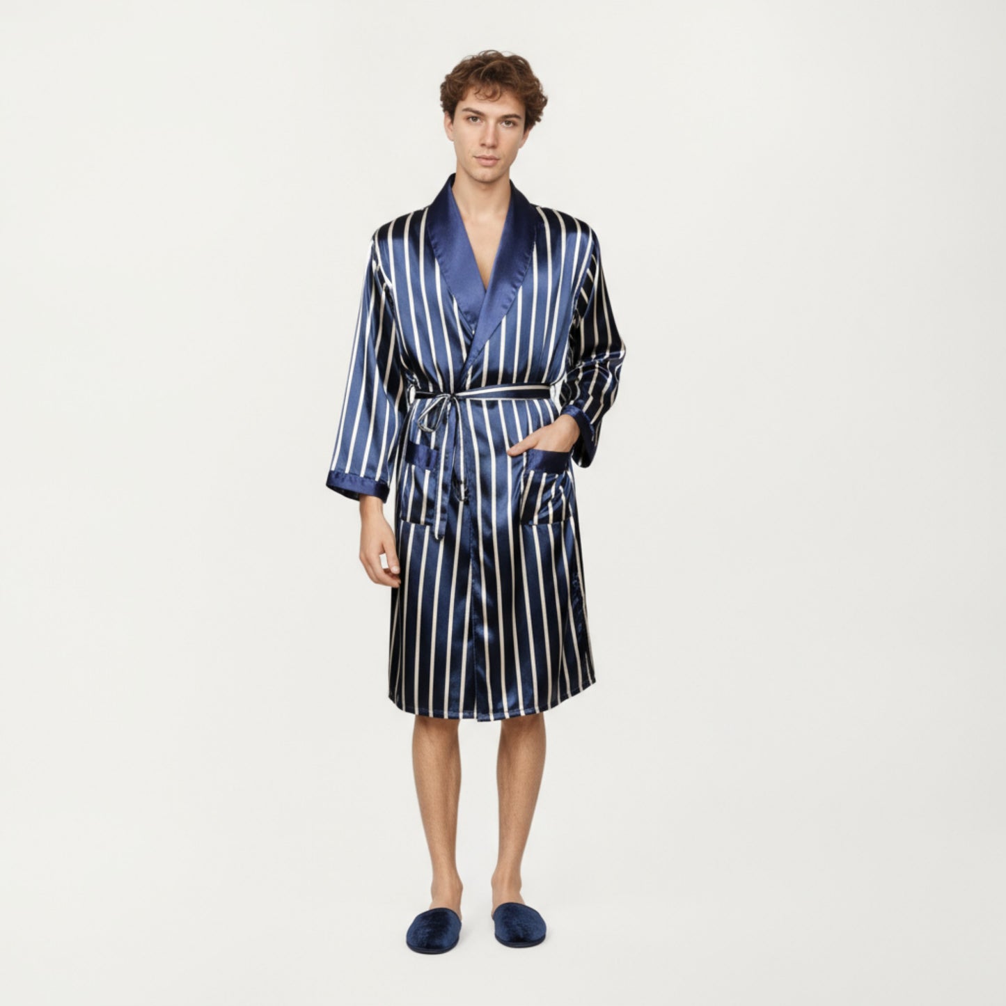Anna-Kaci Men's Satin Robe with Geometric Print Contrast Shawl Collar and Waist Tie