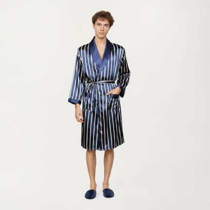 Anna-Kaci Men's Satin Robe with Geometric Print Contrast Shawl Collar and Waist Tie