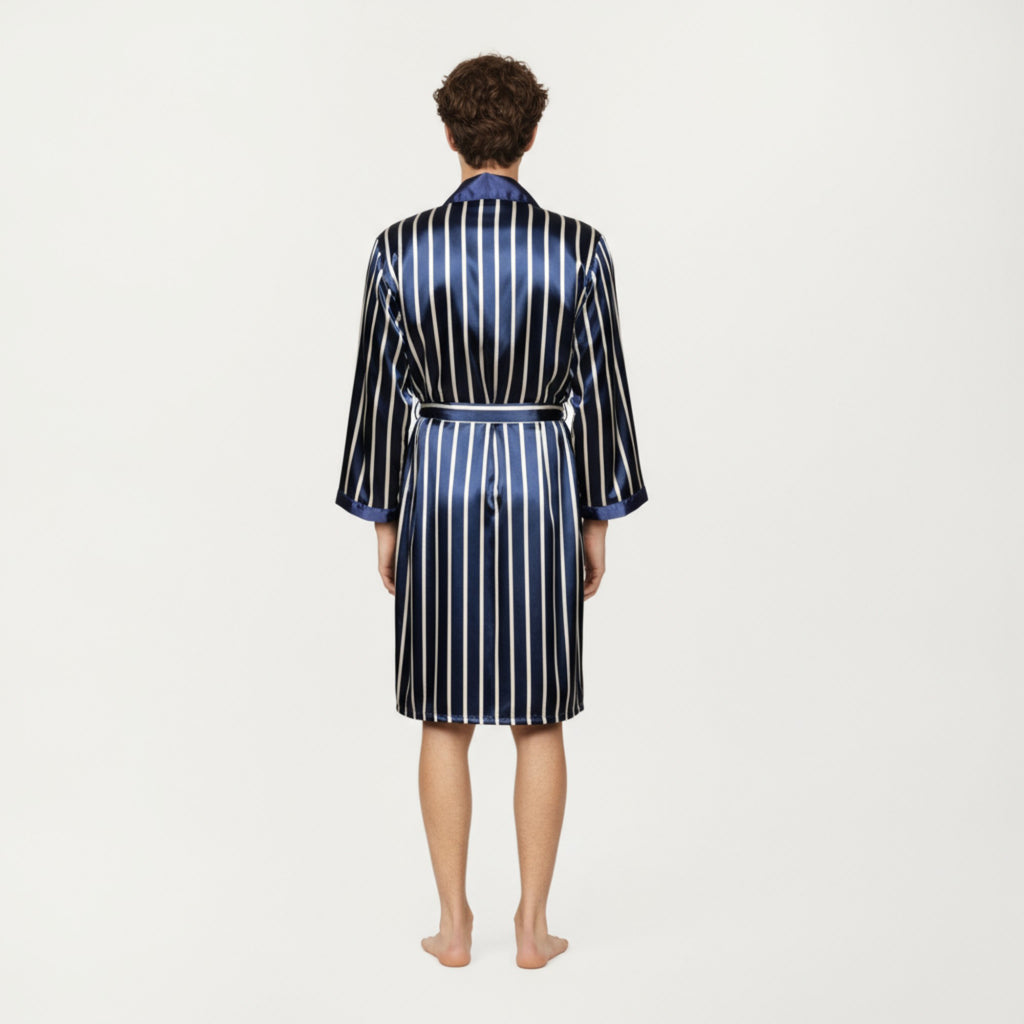 Anna-Kaci Men's Satin Robe with Geometric Print Contrast Shawl Collar and Waist Tie