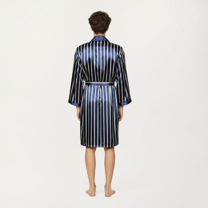 Anna-Kaci Men's Satin Robe with Geometric Print Contrast Shawl Collar and Waist Tie