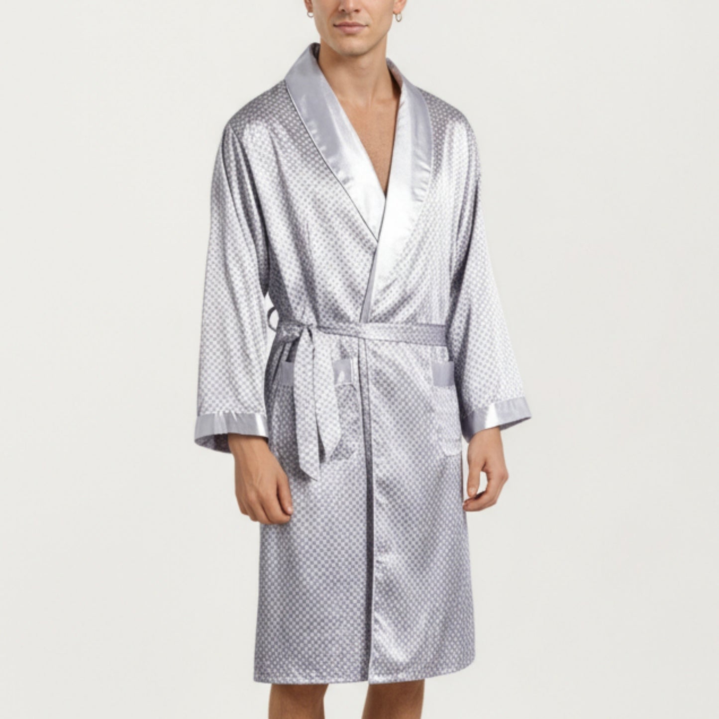 Anna-Kaci Men's Satin Robe with Geometric Print Contrast Shawl Collar and Waist Tie
