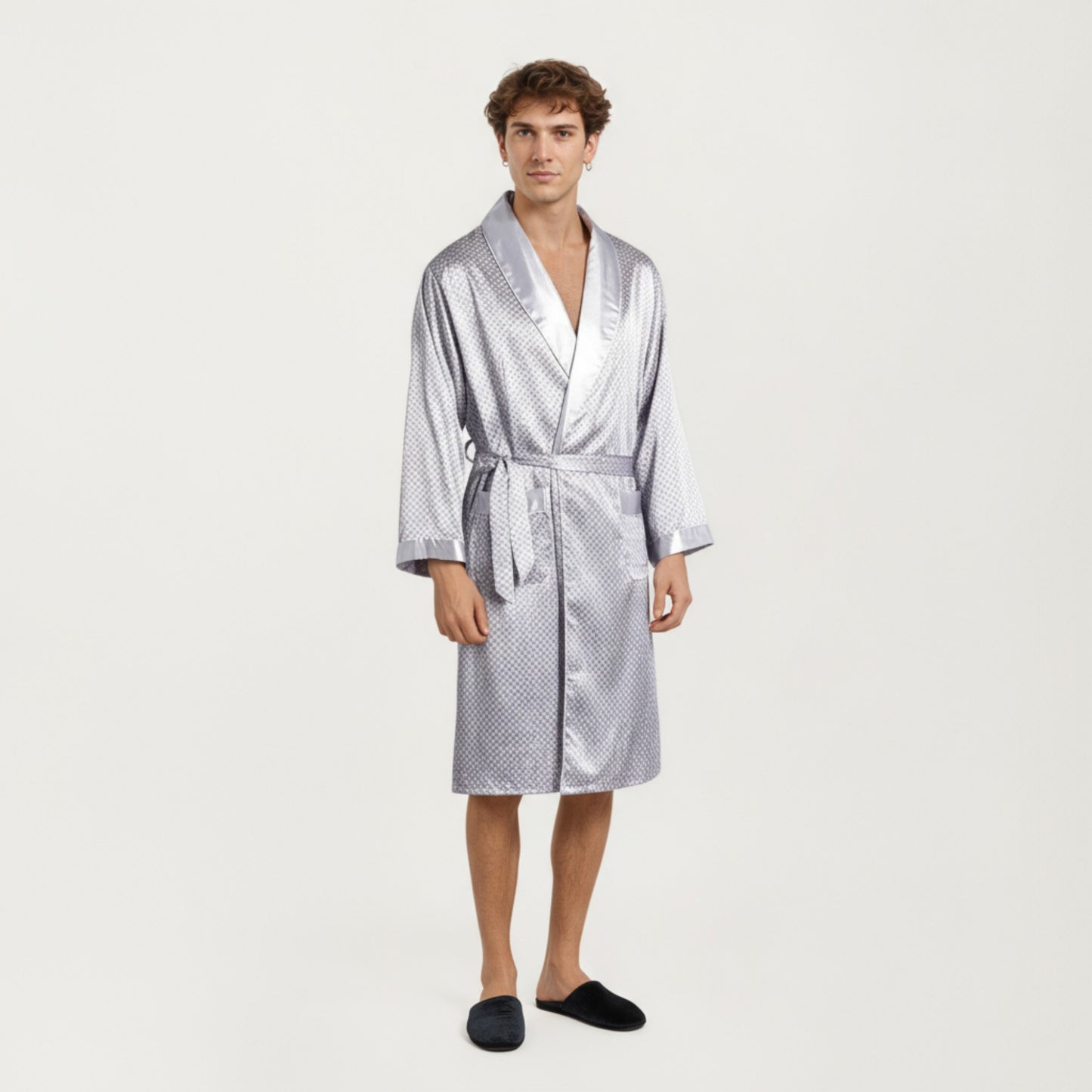 Anna-Kaci Men's Satin Robe with Geometric Print Contrast Shawl Collar and Waist Tie