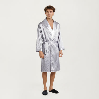 Anna-Kaci Men's Satin Robe with Geometric Print Contrast Shawl Collar and Waist Tie