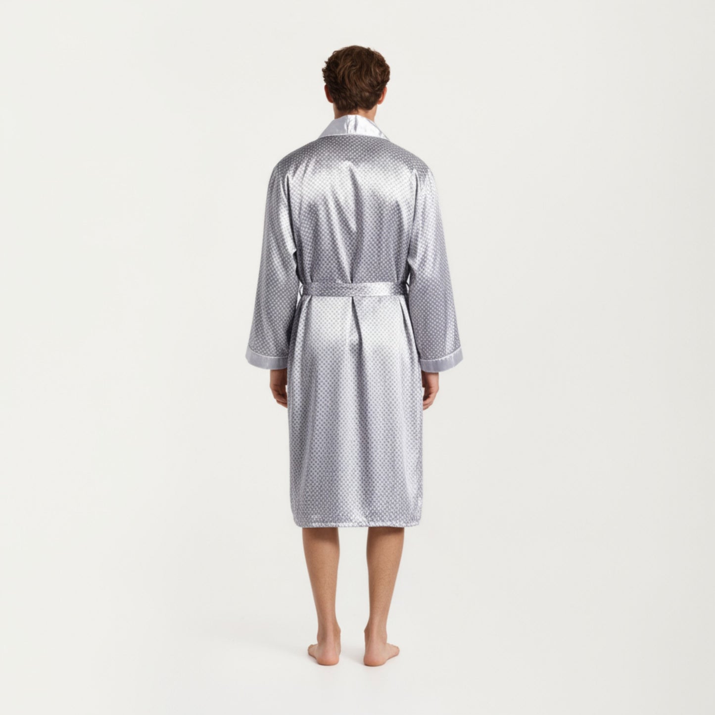 Anna-Kaci Men's Satin Robe with Geometric Print Contrast Shawl Collar and Waist Tie