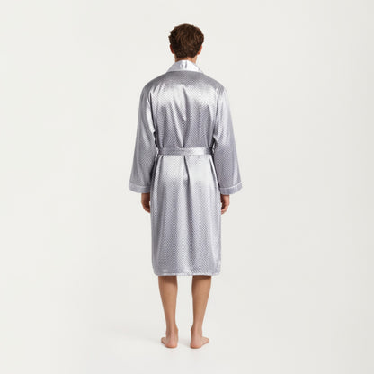 Anna-Kaci Men's Satin Robe with Geometric Print Contrast Shawl Collar and Waist Tie
