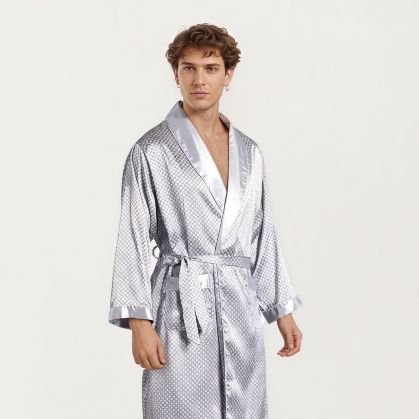 Anna-Kaci Men's Satin Robe with Geometric Print Contrast Shawl Collar and Waist Tie