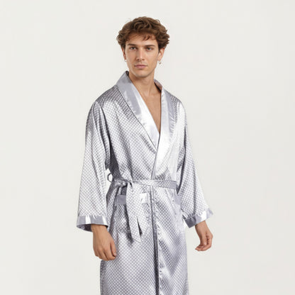 Anna-Kaci Men's Satin Robe with Geometric Print Contrast Shawl Collar and Waist Tie