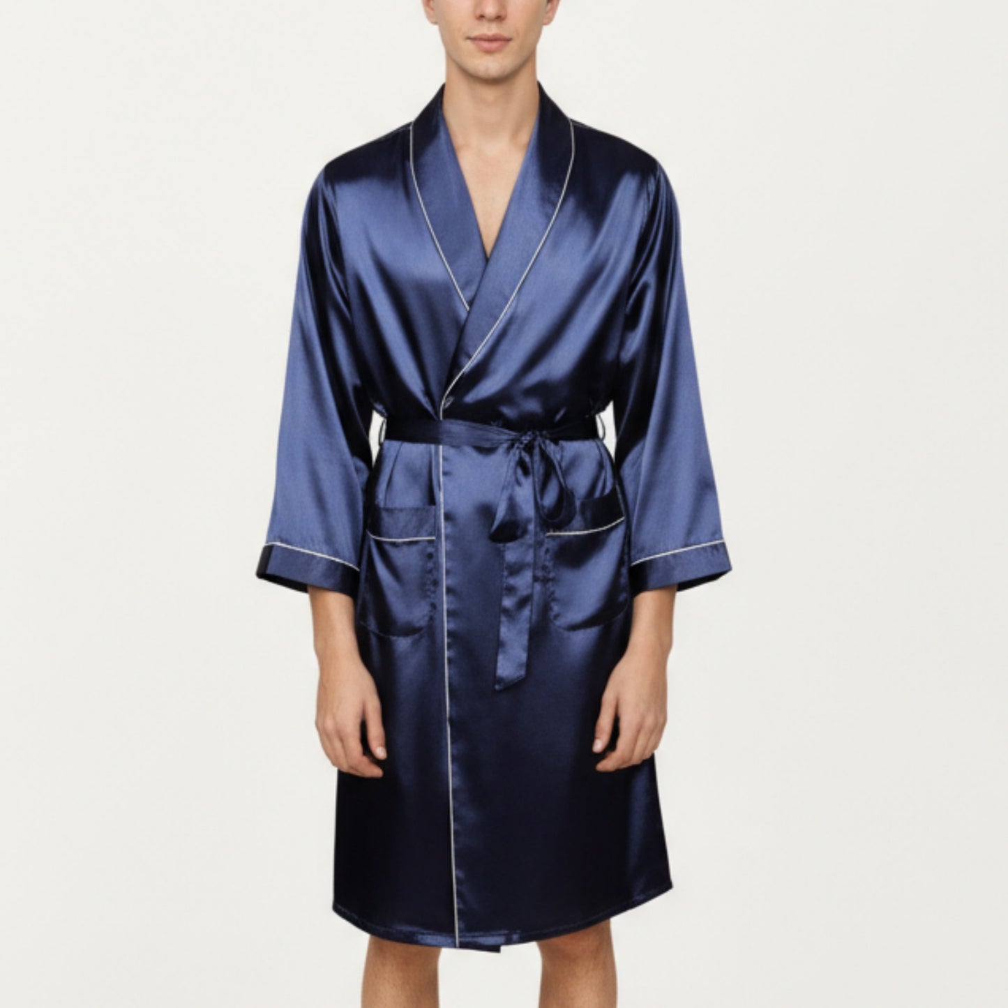 Anna-Kaci Men's Satin Robe with Geometric Print Contrast Shawl Collar and Waist Tie