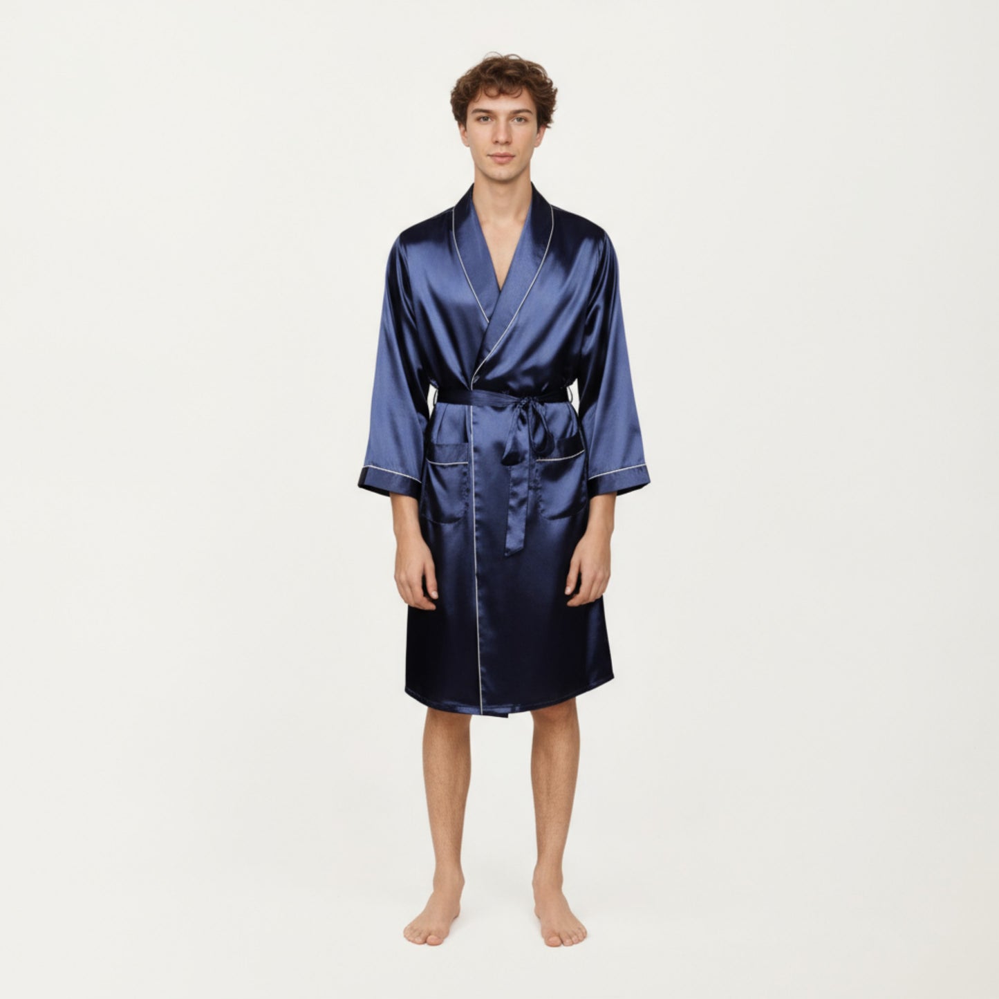 Anna-Kaci Men's Satin Robe with Geometric Print Contrast Shawl Collar and Waist Tie