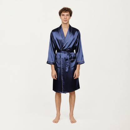 Anna-Kaci Men's Satin Robe with Geometric Print Contrast Shawl Collar and Waist Tie