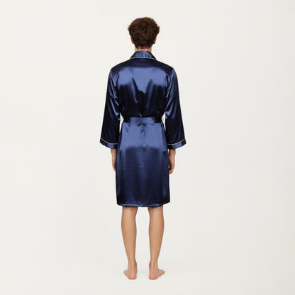 Anna-Kaci Men's Satin Robe with Geometric Print Contrast Shawl Collar and Waist Tie