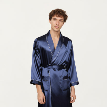 Anna-Kaci Men's Satin Robe with Geometric Print Contrast Shawl Collar and Waist Tie