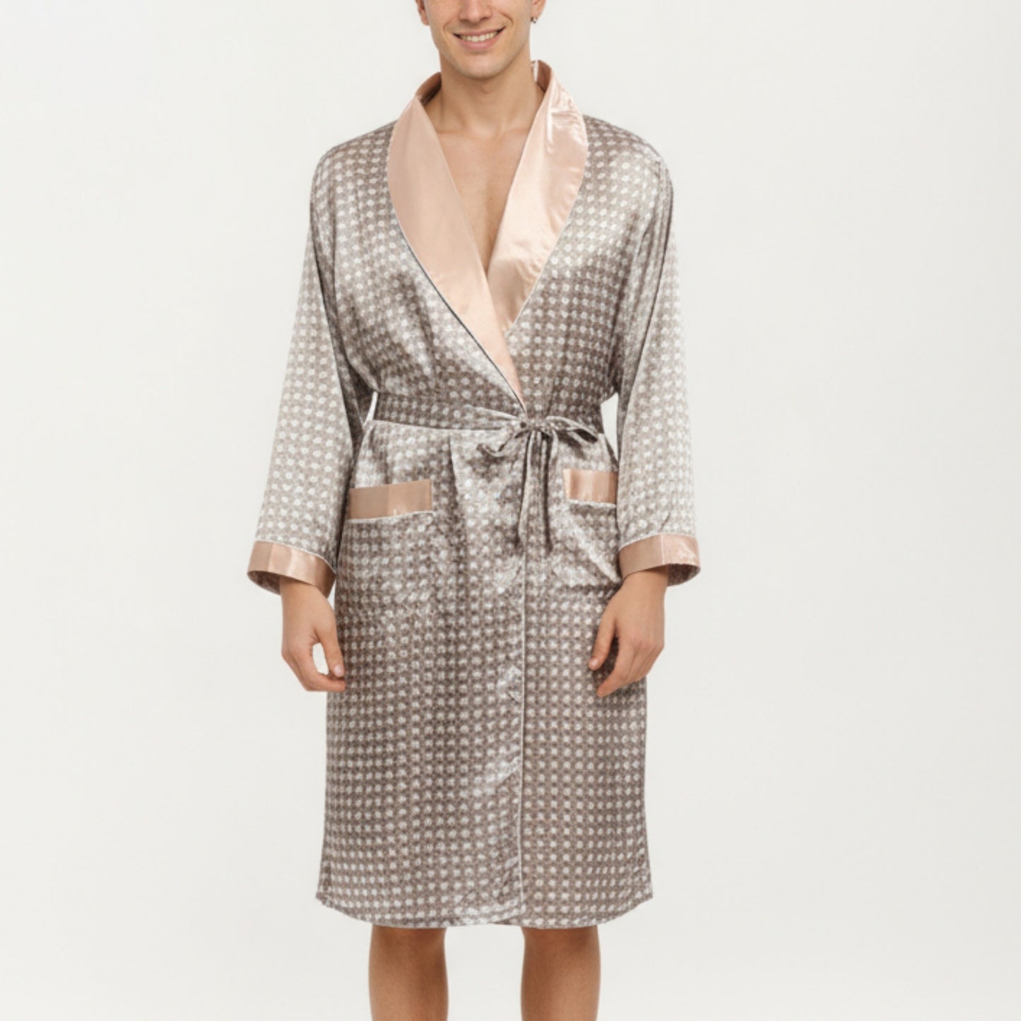 Anna-Kaci Men's Satin Robe with Geometric Print Contrast Shawl Collar and Waist Tie