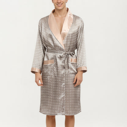 Anna-Kaci Men's Satin Robe with Geometric Print Contrast Shawl Collar and Waist Tie