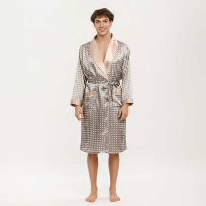 Anna-Kaci Men's Satin Robe with Geometric Print Contrast Shawl Collar and Waist Tie