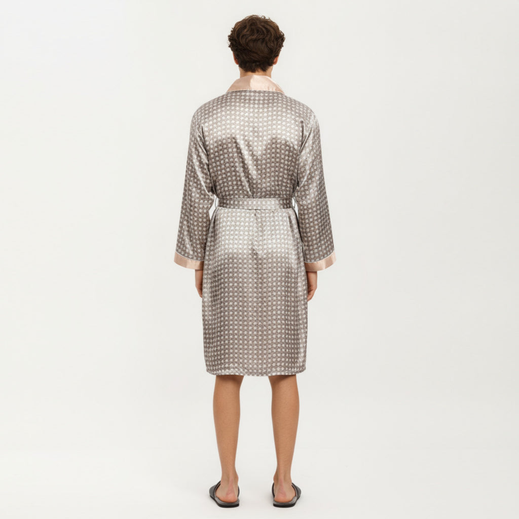 Anna-Kaci Men's Satin Robe with Geometric Print Contrast Shawl Collar and Waist Tie